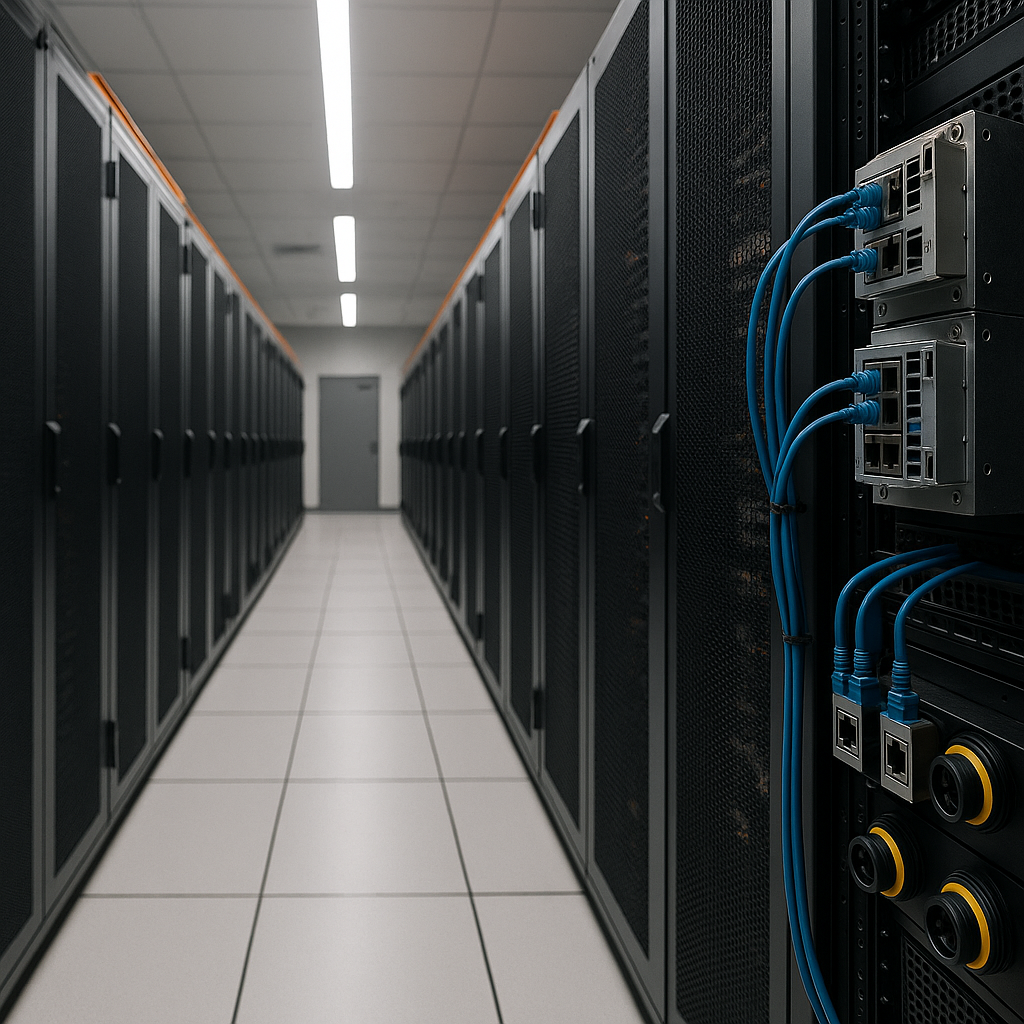 Sala técnica de data center com servidores e sensores IoT em destaque, ilustrando visibilidade e segurança operacional