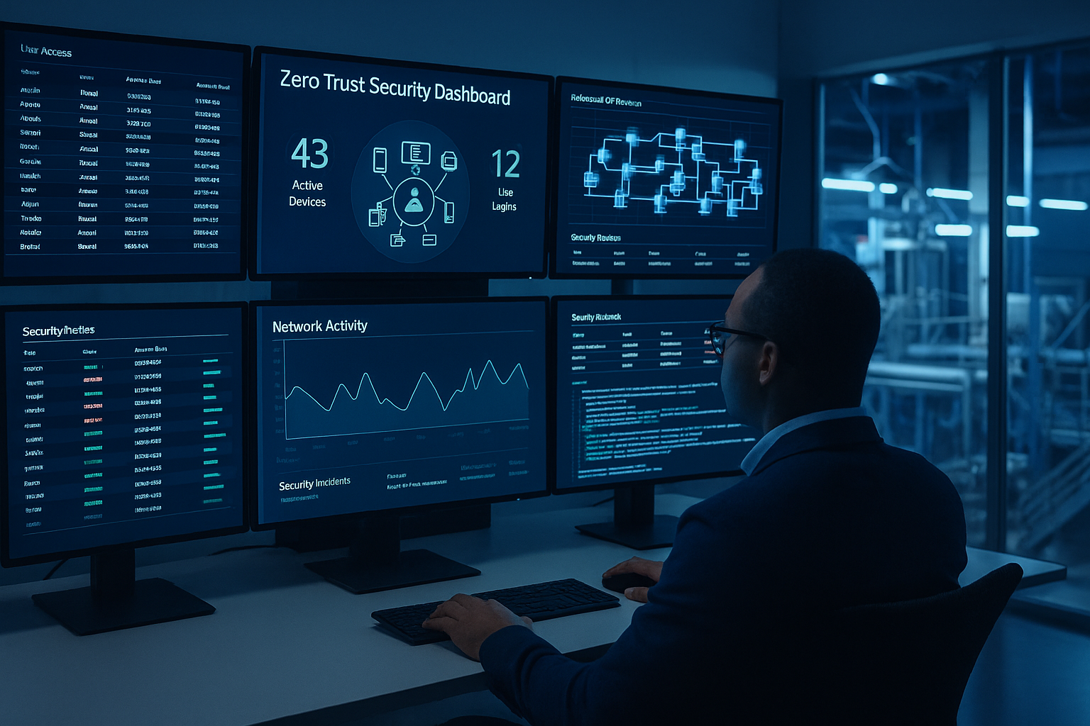segurança Zero Trust mostrando acessos de usuários e dispositivos IIoT em rede industrial