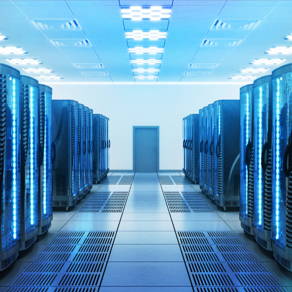 Centro de operações digital com gráficos de IA e infraestrutura de energia sustentável.